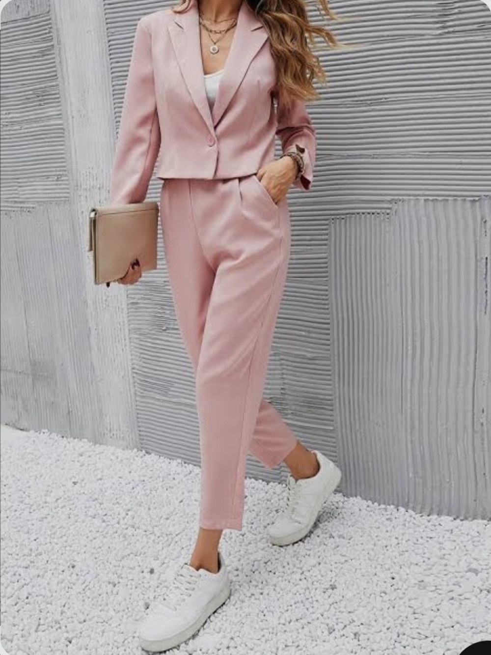 Women's Pink Cropped Blazer & Tapered Pants Set
